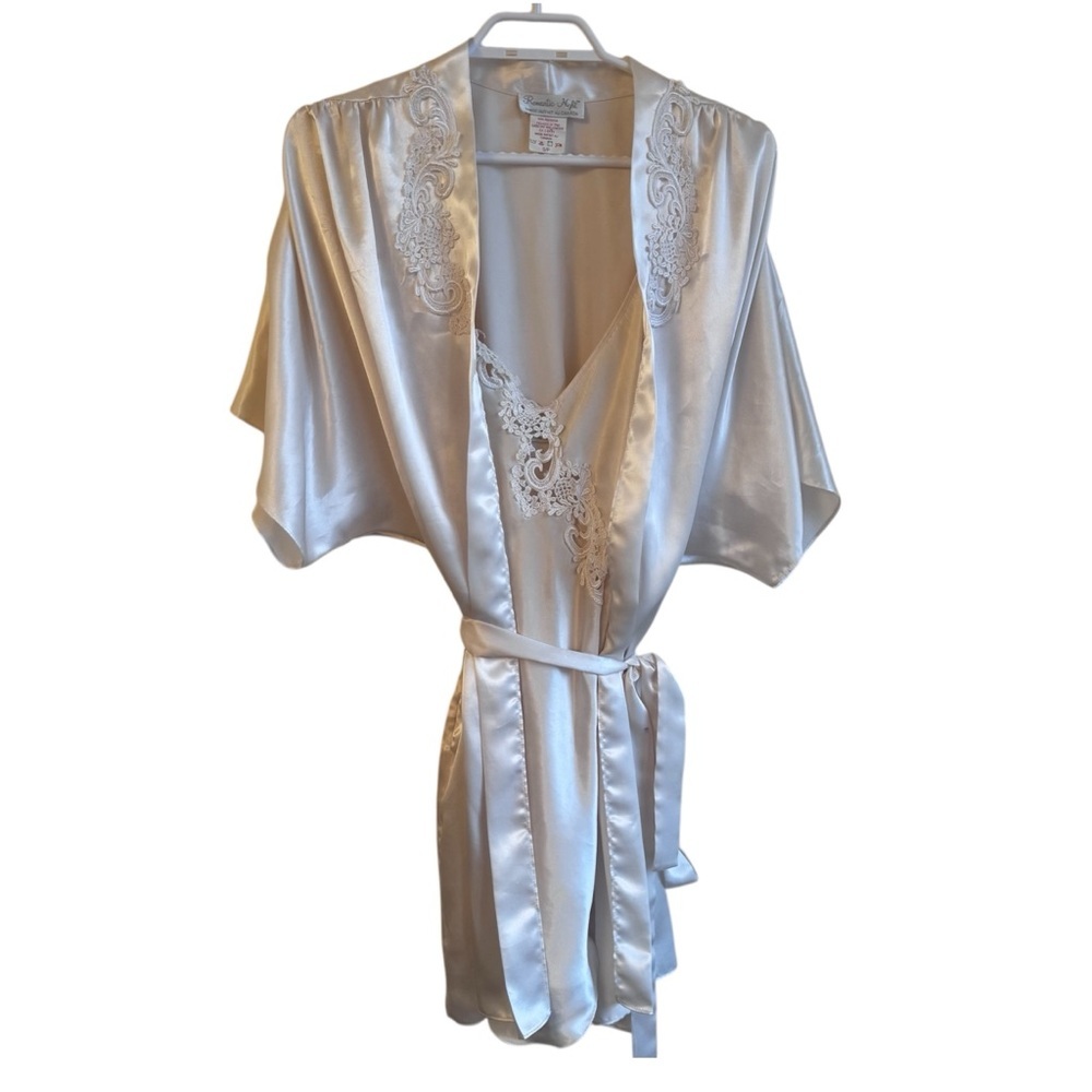 Vintage Bridal Robe & Slip Set • Ivory Satin Lace • Romantic Night • Size Small